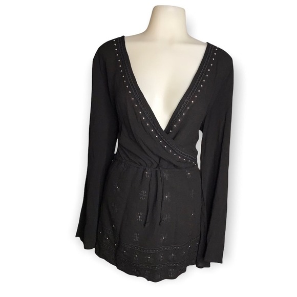 Lulu’s | NEW San Marcos Black Studded Long Sleeve Dress Boho Print & jeweled - Picture 7 of 11
